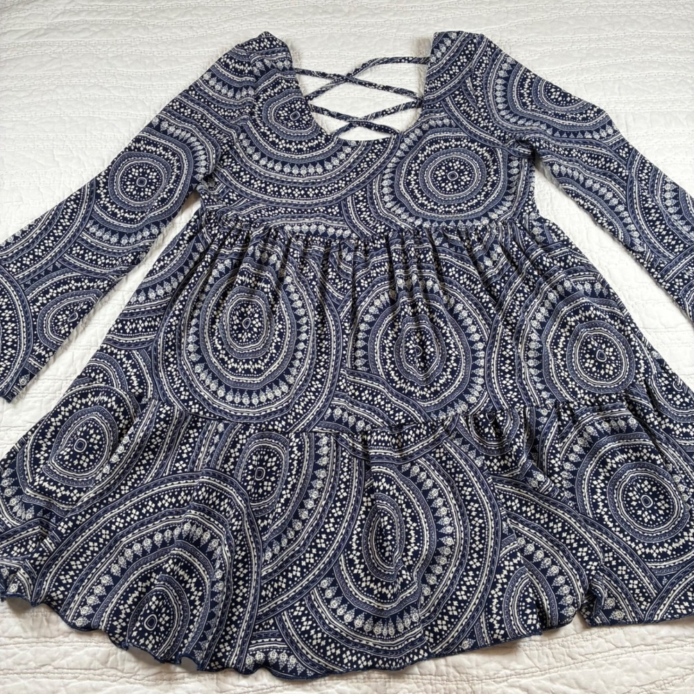 Altar'd State Dress Jr Sz M Navy Blue White Medalion Babydoll Mini Boho Festival